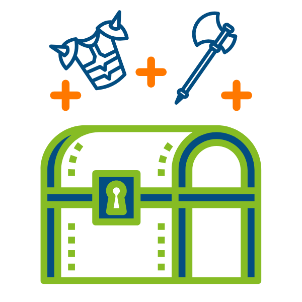 Illustration of a chest with icons of an armour and axe above it