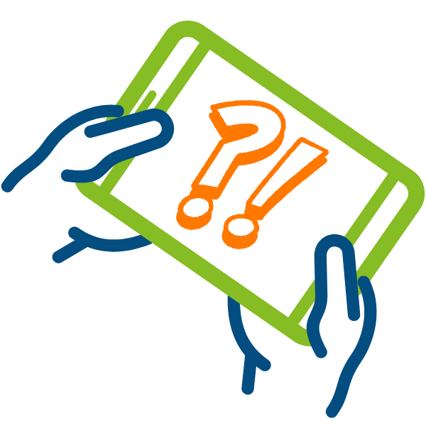 Illustration of hands holding a tablet with the symbols ?!