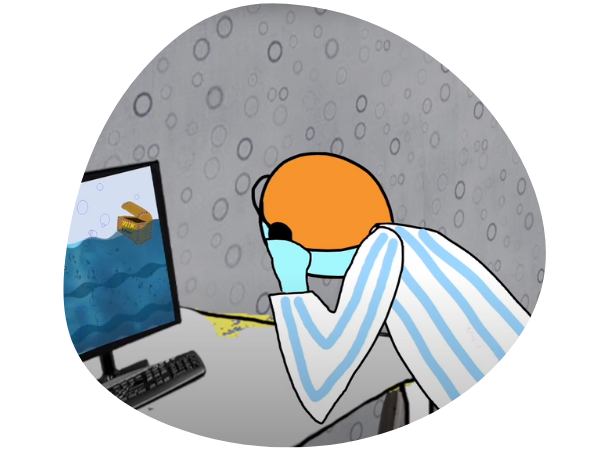 A cartoon figure of a child wearing headphones playing a video game on a computer