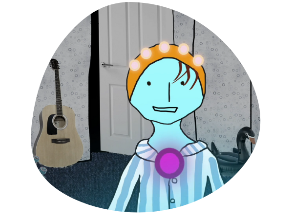 An animated figure in a bedroom. A door and a guitar is visible in the background.