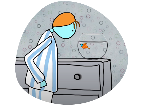 An animated figure looking at a goldfish in a bowl.