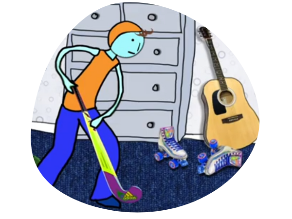 An animated figure holding a hockey stick. There is a guitar and rollerblades in the background.